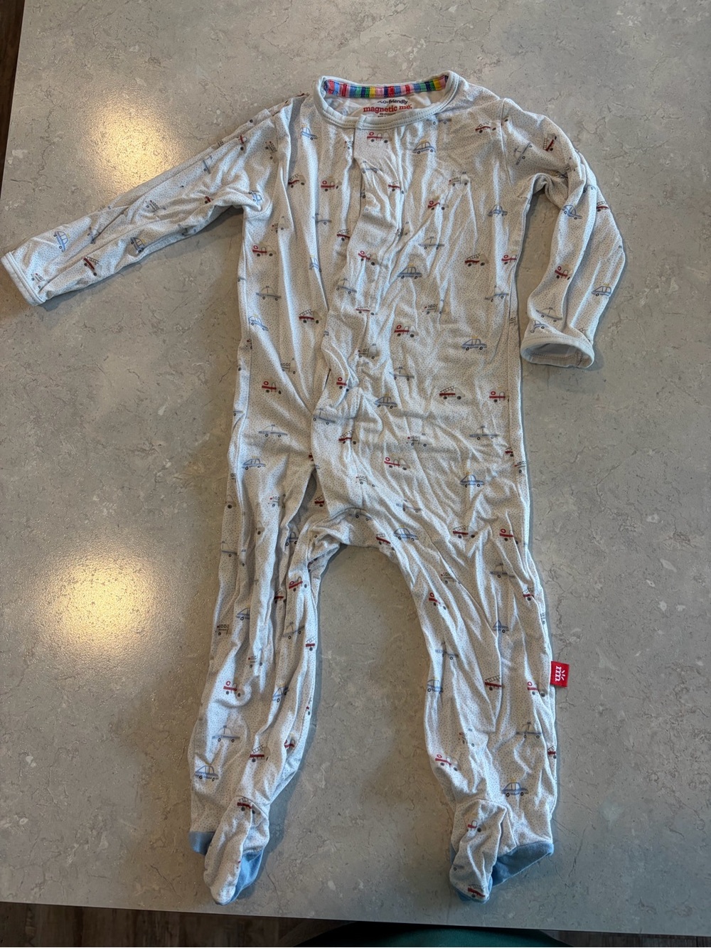 Magnetic Me Light Gray Footed Pajama with Red and Blue Car Motif